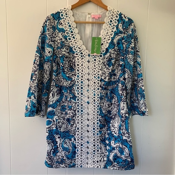 NEW Lilly Pulitzer Brooke Tunic Dress Hippy Hippy Shake Embroidered Pattern Blue - Picture 1 of 9